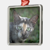 Graubraun-weiße Katze mit grünen Augen Ornament Aus Metall (Links)