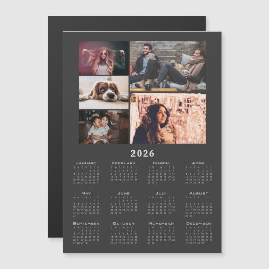 Graue 2026 Kalender 5 Foto Collage Magnet Card (Vorne/Hinten)