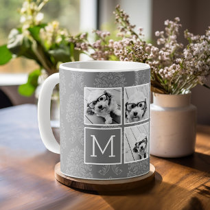 Graue 5-Foto-Collage mit Text Monogramm Kaffeetasse