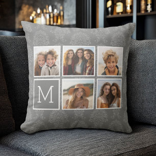 Graue 5-Foto-Collage mit Text Monogramm Kissen