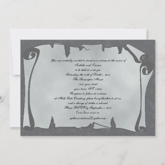 Graue antike Scroll Goth Wedding Einladungen (Vorderseite)