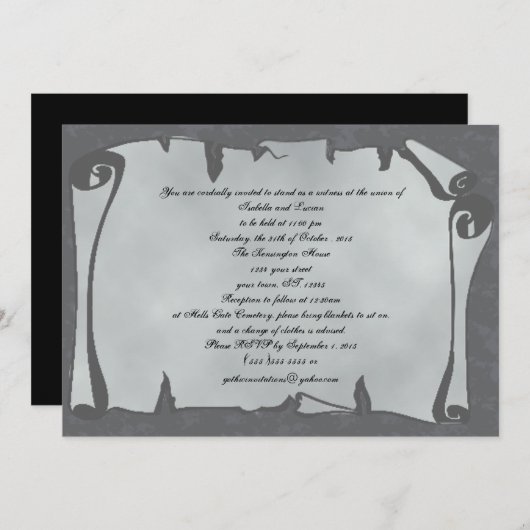 Graue antike Scroll Goth Wedding Einladungen (Vorne/Hinten)