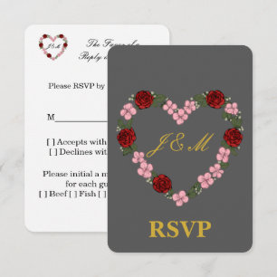 Graue Antwortkarte mit rosa und rotem Herzen RSVP Karte