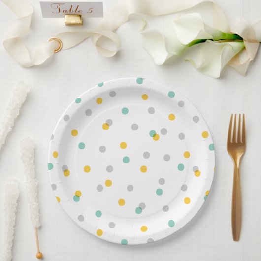 Graue Aqua und gelbe Confetti-Punkte Pappteller (Hochzeit)