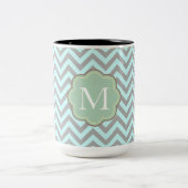 Graue Aqua Zickzack Stripes Monogramm Zweifarbige Tasse (Mittel)
