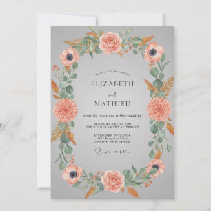Graue Ätherische Pfirsich-Blumenhochzeit Einladung