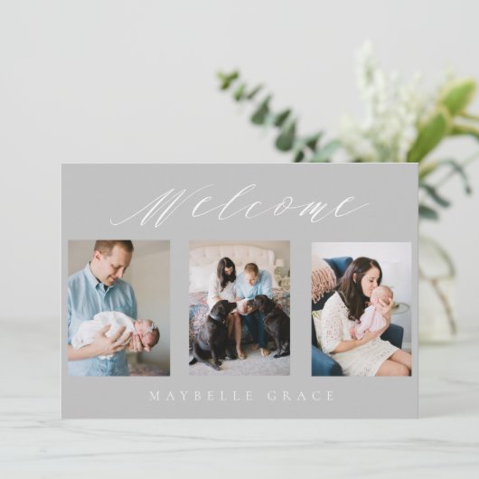 Graue Baby Multi-Foto Babyankündigung Ankündigung (Stehend Vorderseite)