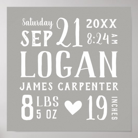 Graue Babyname und Geburtsstaten | Editierbare Far Poster (Vorne)