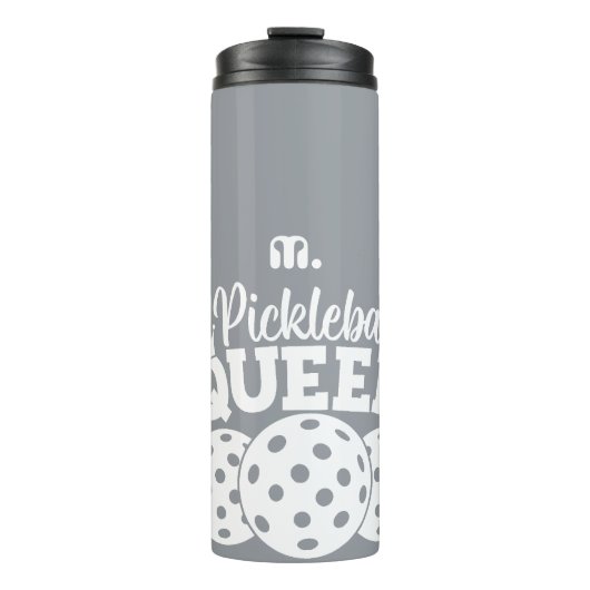 Graue, benutzerdefinierte Monogramm-Pickleball-Que Thermosbecher (Vorderseite)