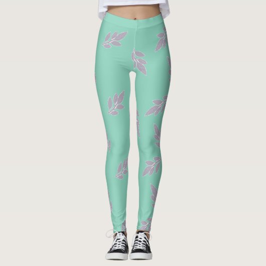 Graue Blätter auf grünen Leggings (Vorderseite)