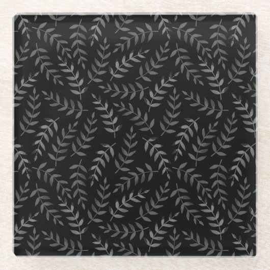 Graue Blätter auf schwarz Glasuntersetzer (Vorderseite)