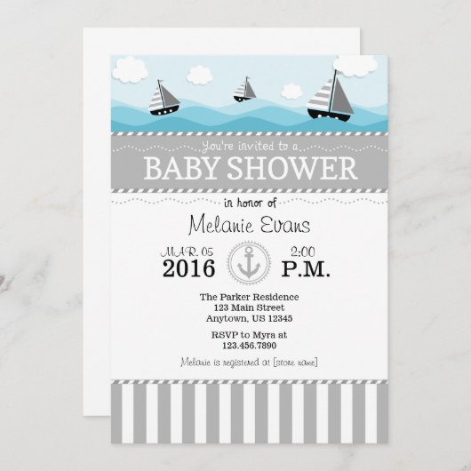 Graue blaue Kinderdusche Einladung (Vorne/Hinten)