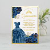 Graue blaue Rose Quinceanera Gold Folieneinladung (Stehend vorne)