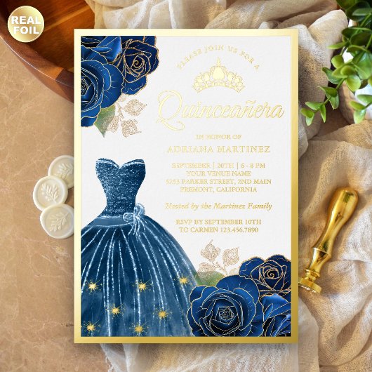 Graue blaue Rose Quinceanera Gold Folieneinladung
