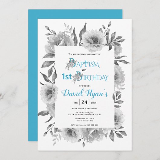 Graue Blume Taufe und 1. Geburtstag blau Einladung (Vorne/Hinten)