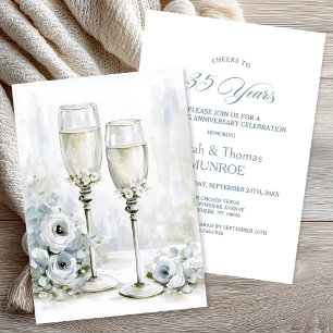 Graue Blumen Champagnergläser 35. Hochzeitstag Einladung