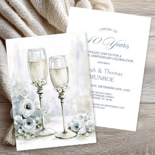Graue Blumen Champagnergläser 40. Hochzeitstag Einladung