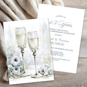 Graue Blumen Champagnergläser 45. Hochzeitstag Einladung