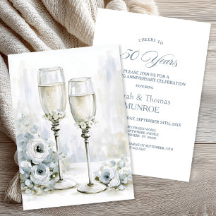 Graue Blumen Champagnergläser 50. Hochzeitstag Einladung