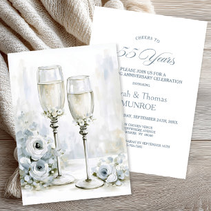 Graue Blumen Champagnergläser 55. Hochzeitstag Einladung