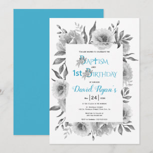 Graue Blumen Junge Taufe und 1. Geburtstag blau Einladung
