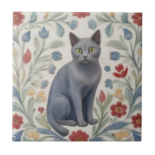 Graue Blumenkatzen - Graue Katze Bunte Volksblumen Fliese