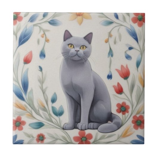 Graue Blumenkatzen - Graue Katze Bunte Volksblumen Fliese (Vorderseite)