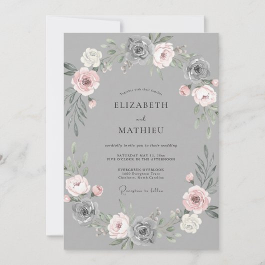Graue Blush-Blumengirlande Hochzeit Einladung (Vorderseite)