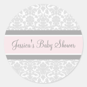 Graue Blush Damask Babydusche Pflegeaufkleber Runder Aufkleber