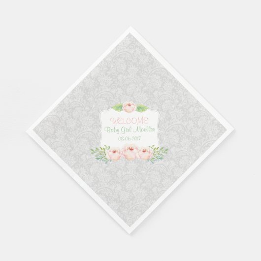 Graue Blütenblume Damaske Napkin / Mädchen Babydus Serviette (Ecke)