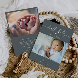 Graue Boho-Foto-Hello-Baby-Ankündigungskarte Einladung