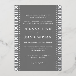 Graue Boho Mudcloth Border Silver Foil Einladung