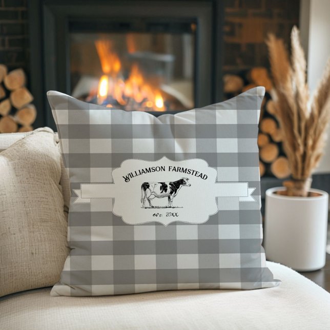 Graue Buffalo Karierte Farm Cow Throw Kissen (Gray Buffalo Plaid Farm Cow Throw Pillow)