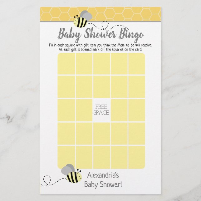 Graue Bumble Bee Baby Dusche Bingo Spiel (Vorderseite)
