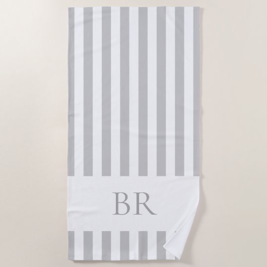 Graue Cabana-Streifen mit individuellem Monogramm Strandtuch (Vorderseite)