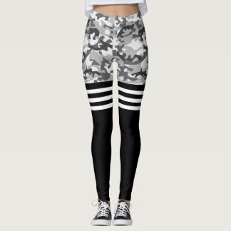 Graue Camouflage und weißer Tripelstreifen Leggings