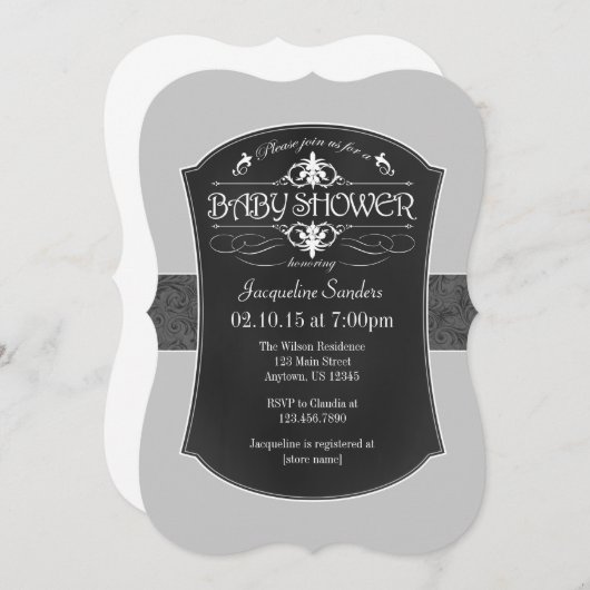 Graue Chalkboard Kinderdusche Einladung (Vorne/Hinten)