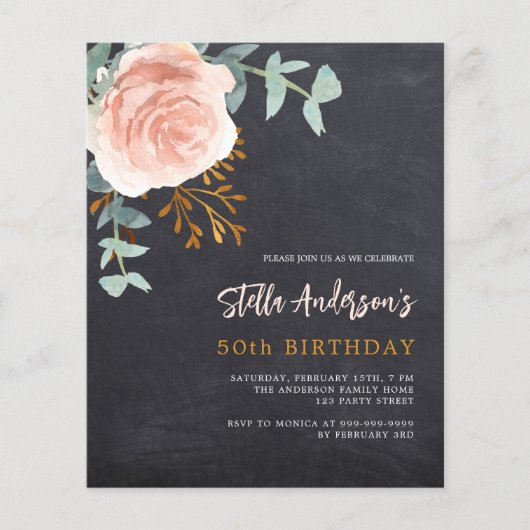 Graue Chalkboard-Rose Blumengebäck Einladung zum G (Vorderseite)