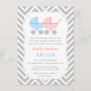 Graue Chevron Kinderwagen Zwillings-Baby-Party Einladung