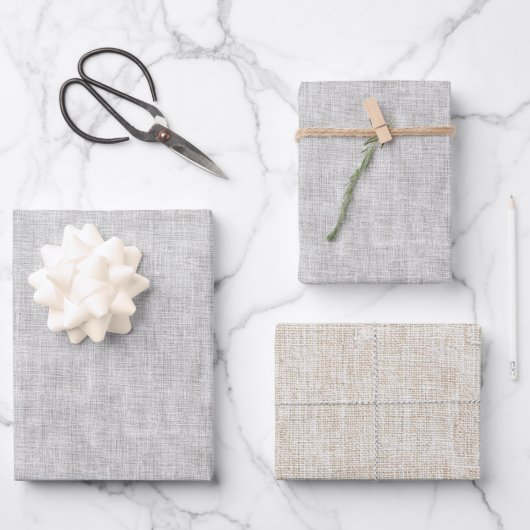 Graue Creme Faux-Leinen-Hochzeit Geschenkpapier Set (Vorderseite)