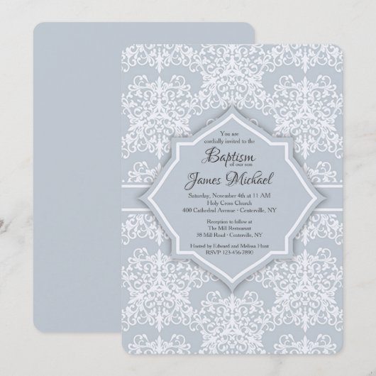 Graue Damaske-Taufe Einladung (Vorne/Hinten)