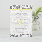 Graue Damasken-Wirbel hellgelbe Hochzeitseinladung Einladung (Stehend Vorderseite)