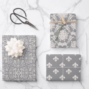 Graue Damast-Geschenkpapier-Flat Sheet-Set aus 3 Geschenkpapier Set