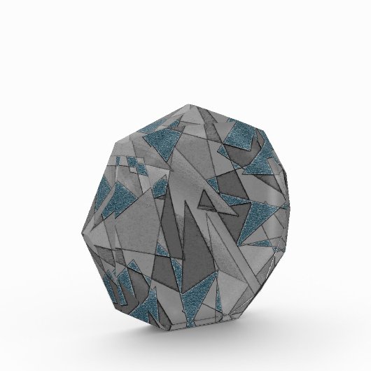 Graue Dreiecksausschnitte mit groben dunkelblauen  Fotoblock (Links)