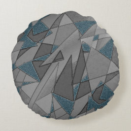 Graue Dreiecksausschnitte mit groben dunkelblauen  Rundes Kissen