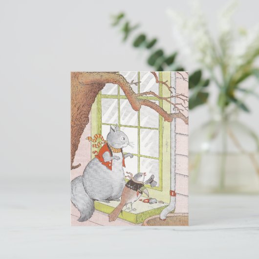 Graue Eichhörnchen und Vögel im Fenster schauen Postkarte (Stehend Vorderseite)