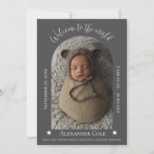 Graue, einfache Bogenrahmen Foto Geburtserklärung Ankündigung (Vorderseite)