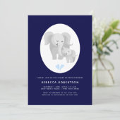 Graue Elefant Mutter & Baby Boy Dusche blau Einladung (Stehend Vorderseite)