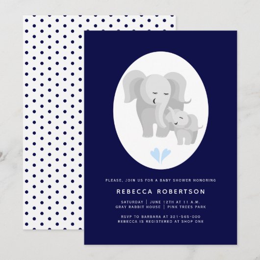 Graue Elefant Mutter & Baby Boy Dusche blau Einladung (Vorne/Hinten)