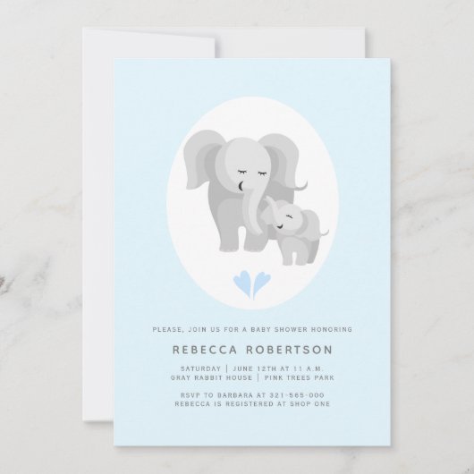 Graue Elefantenmutter & Baby-Junge duschen hellbla Einladung (Vorderseite)